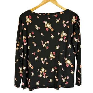 J Jill Luxe‎ Supima Boat Neck Tee Black with Floral Design XS Cottagecore